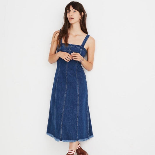 Madewell Raw Hem Denim Midi Seamed Dress | Size 6