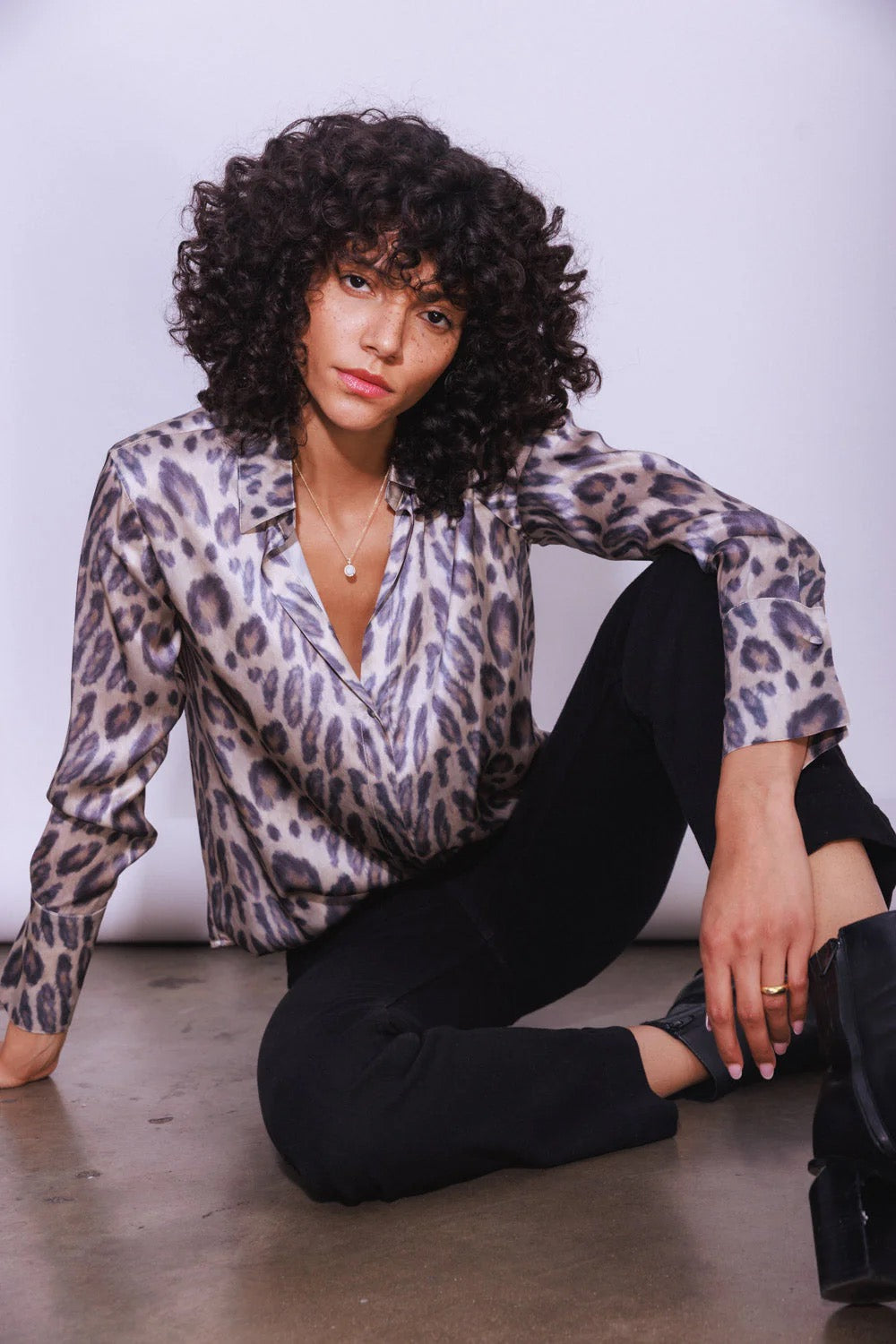 NWT Catherine Gee Daria French Cuff Silk Blouse - New Leopard | Size Large