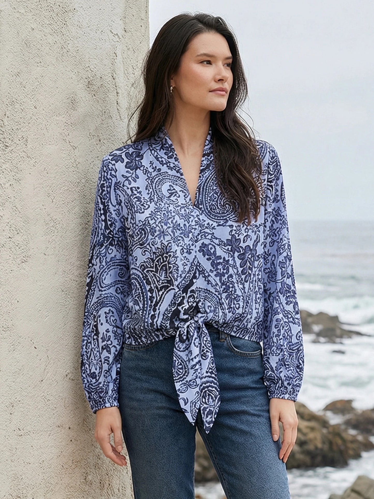 NWT Fifteen Twenty Scarlet Tie Front Blue Paisley Top | Size XS