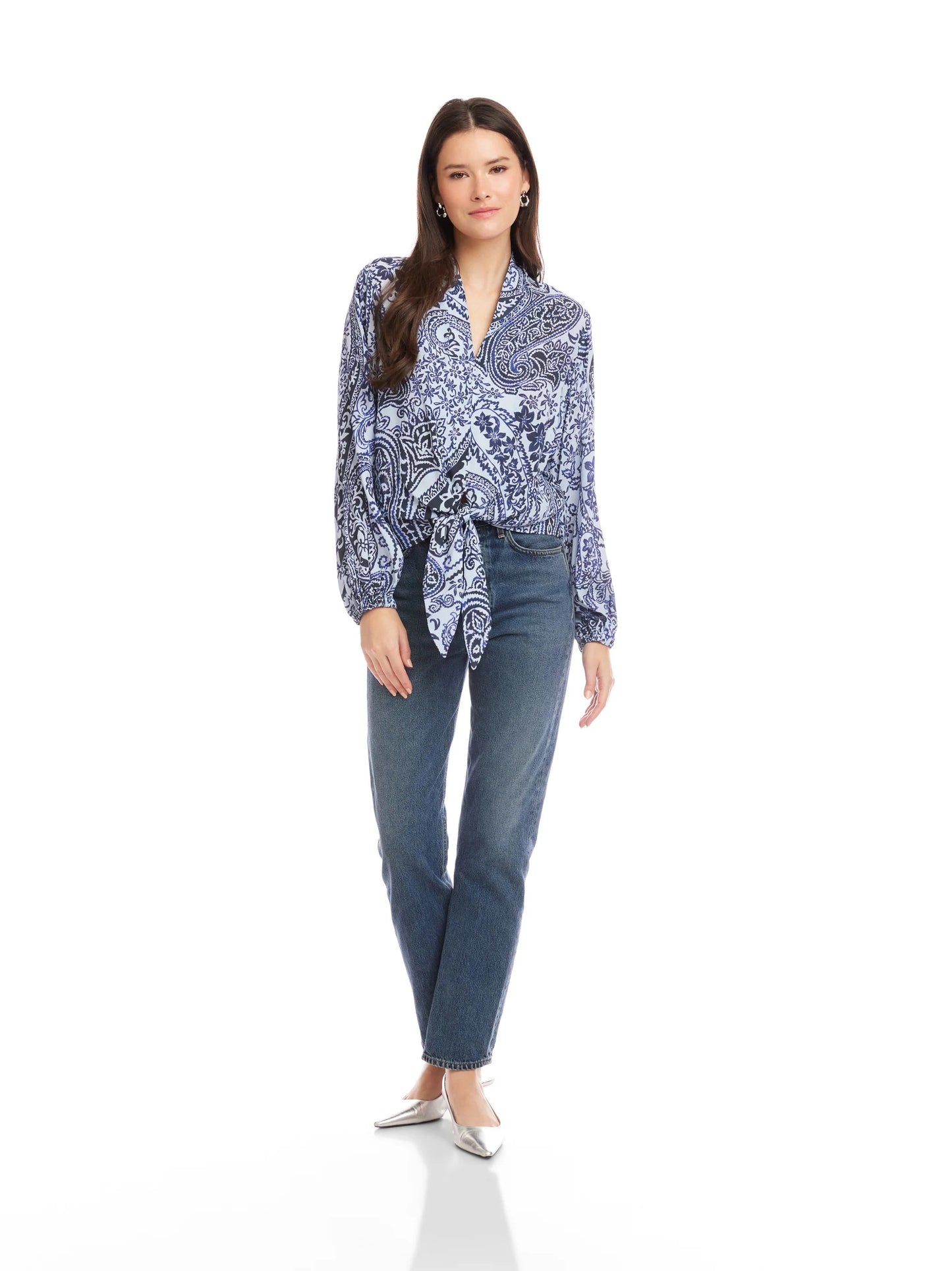 NWT Fifteen Twenty Scarlet Tie Front Blue Paisley Top | Size XS