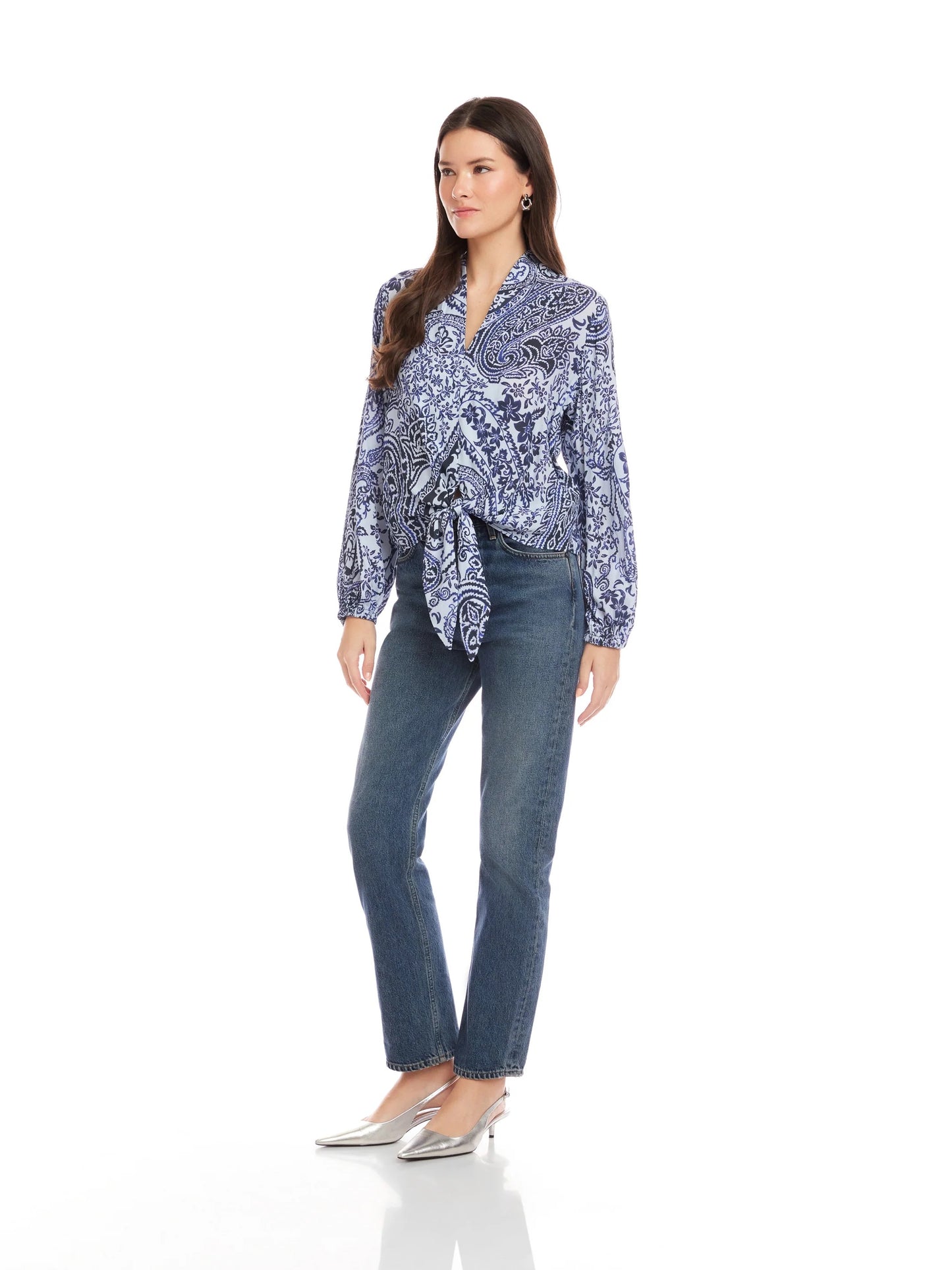 NWT Fifteen Twenty Scarlet Tie Front Blue Paisley Top | Size XS