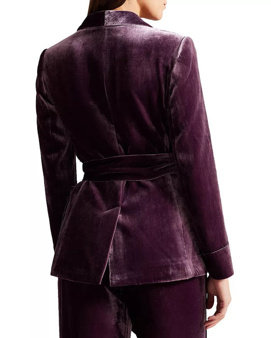 Ted Baker London Purple Silk Blend Velvet Shawl Collar Belted Blazer Jacket | Size 4