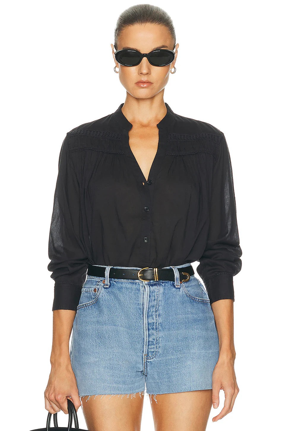 Nili Lotan Clarys Cotton Smocked Peasant Blouse in Black | Size Small