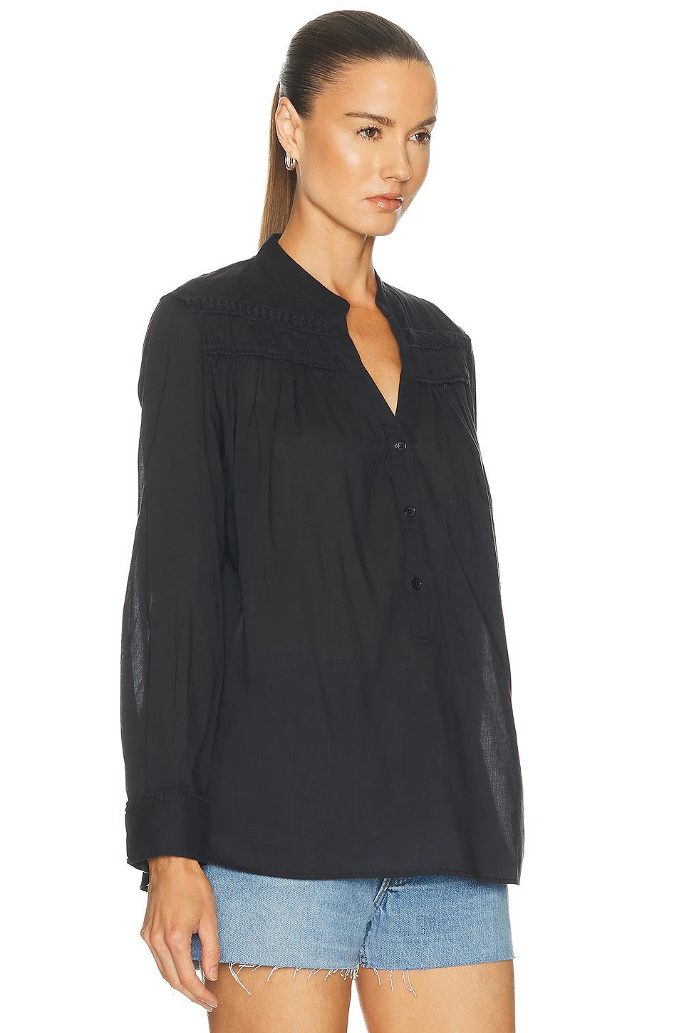 Nili Lotan Clarys Cotton Smocked Peasant Blouse in Black | Size Small