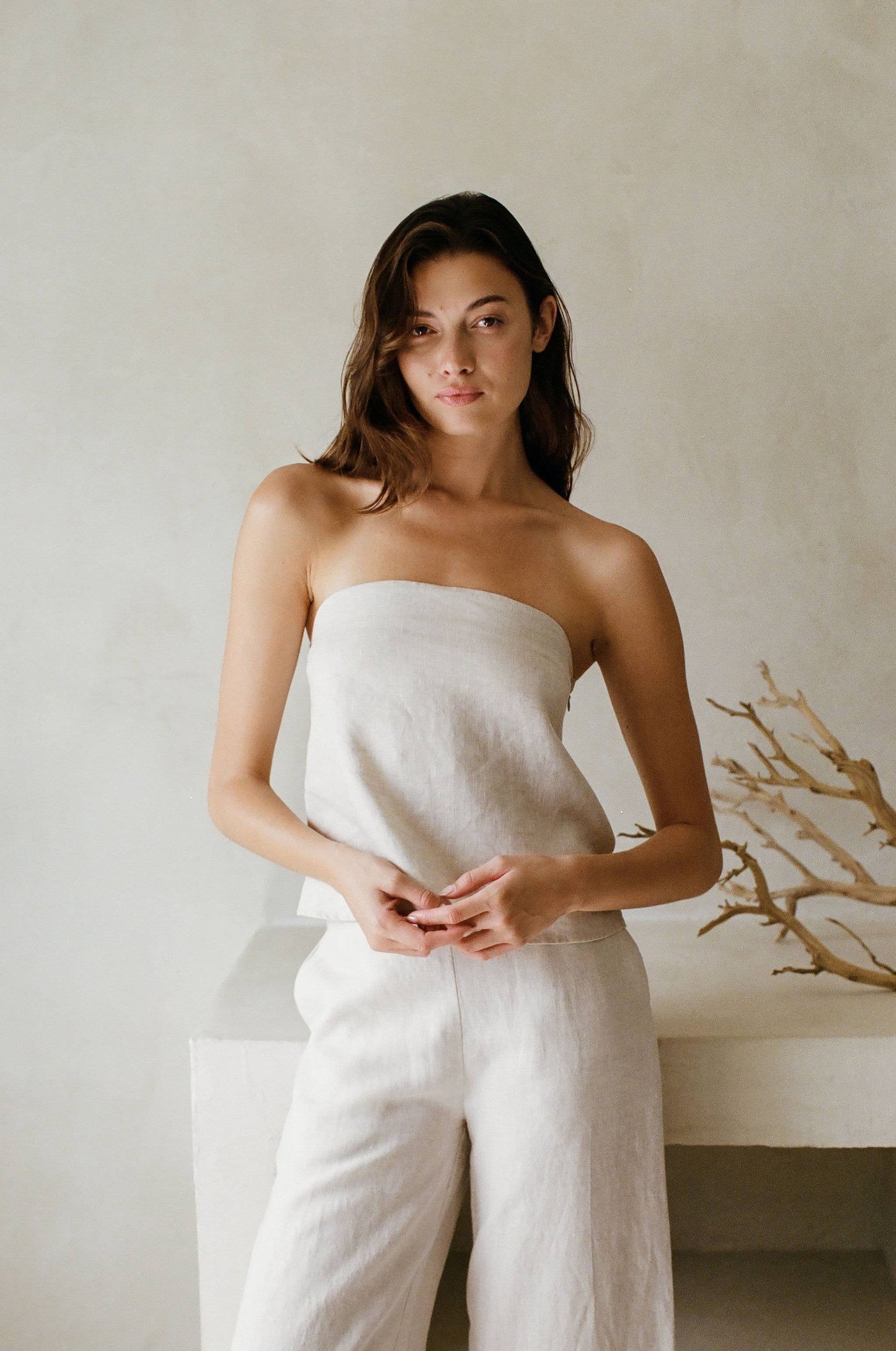 A. Ren NWT Novella Linen Strapless Tube Top Blouse in Tan | Size Medium