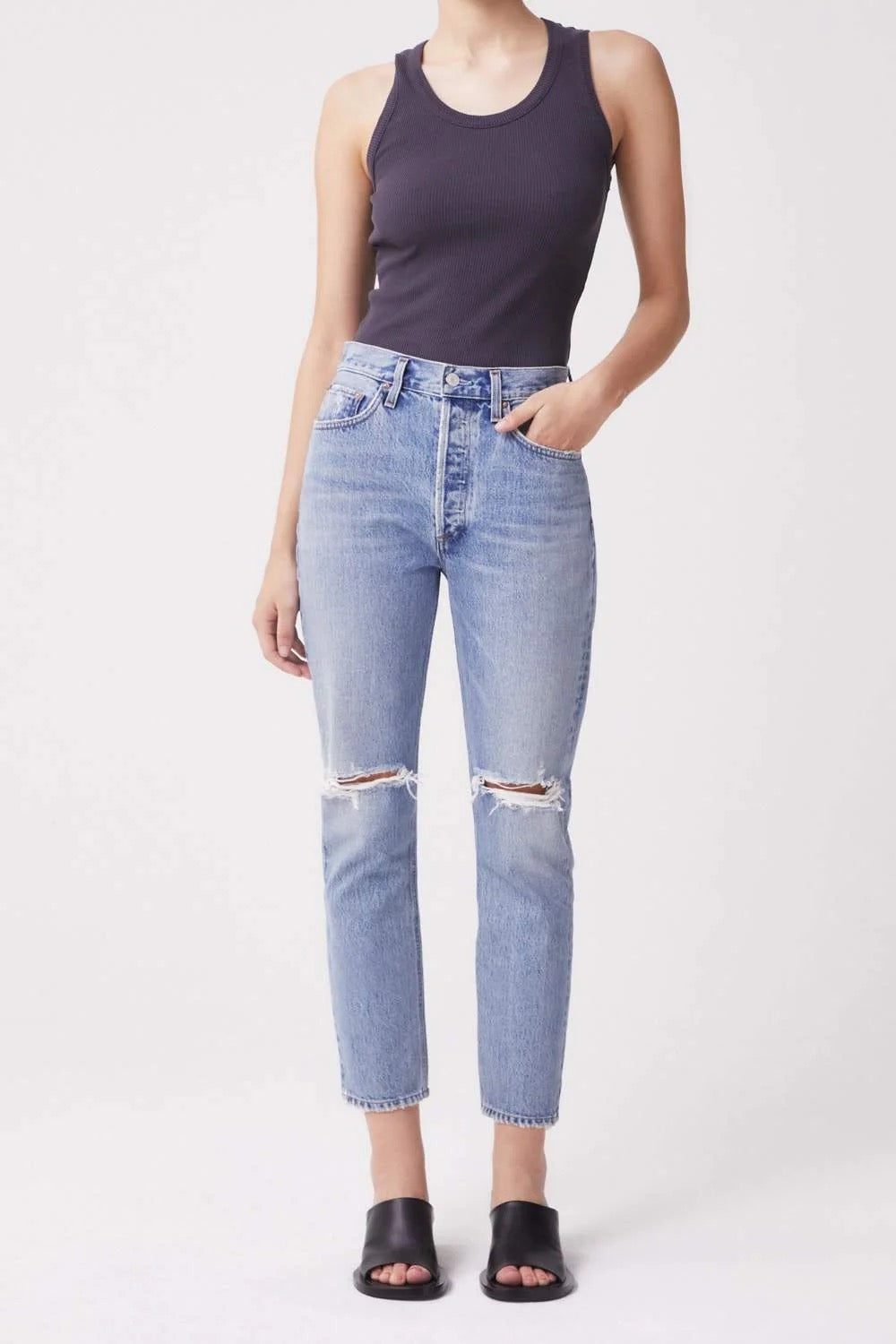 Agolde Riley Distressed Straight Leg Stretch Blue Jeans | Size 28