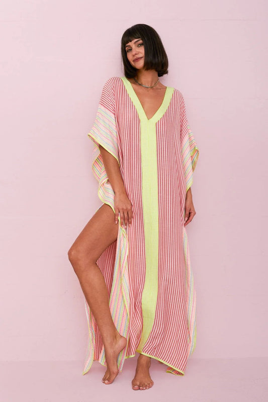 Pitusa Contrast Striped Thobe Kaftan Maxi Dress in Multicolored Stripes | Standard (One Size)