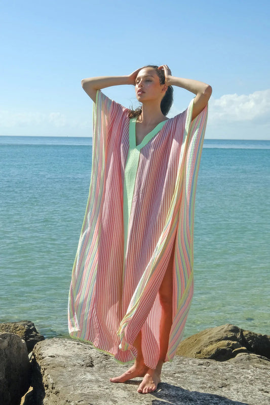 Pitusa Contrast Striped Thobe Kaftan Maxi Dress in Multicolored Stripes | Standard (One Size)
