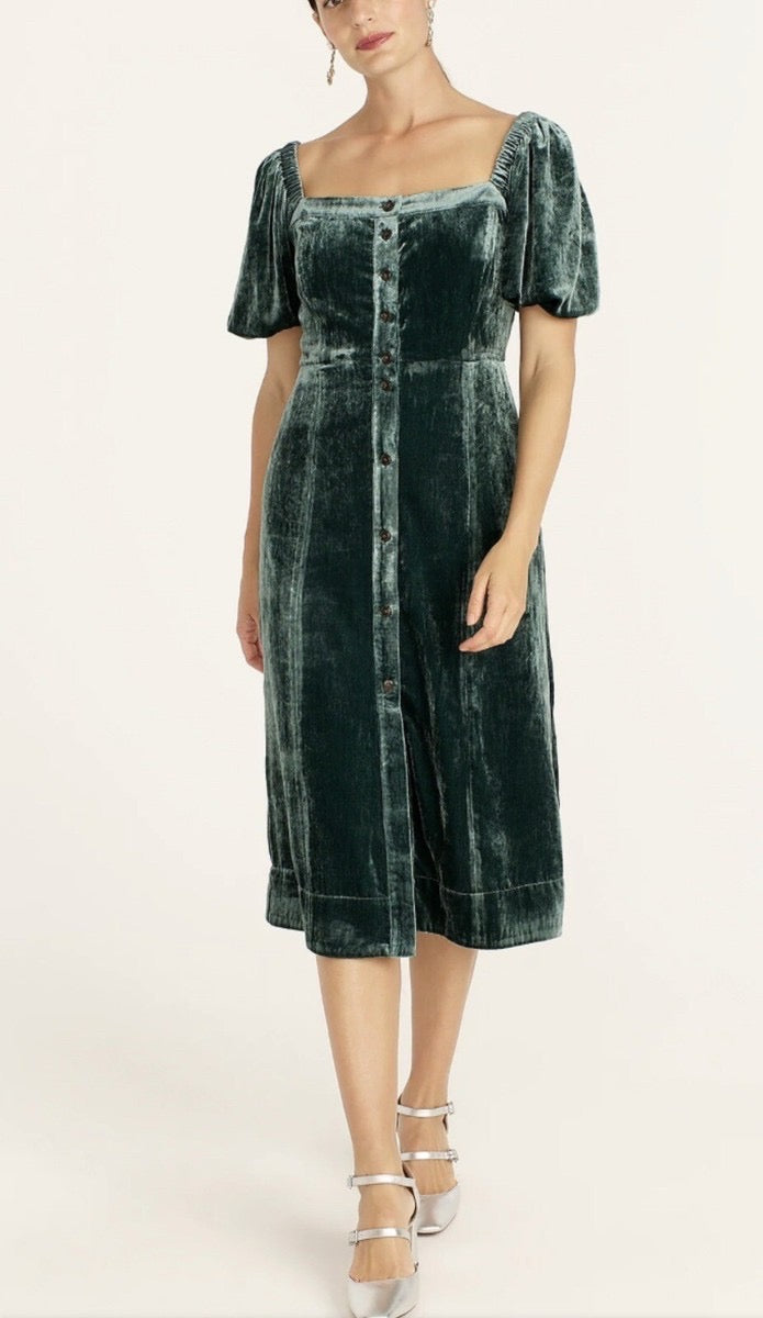 J. Crew Puff Sleeve Button Front Forest Green Velvet Dress | Size 6