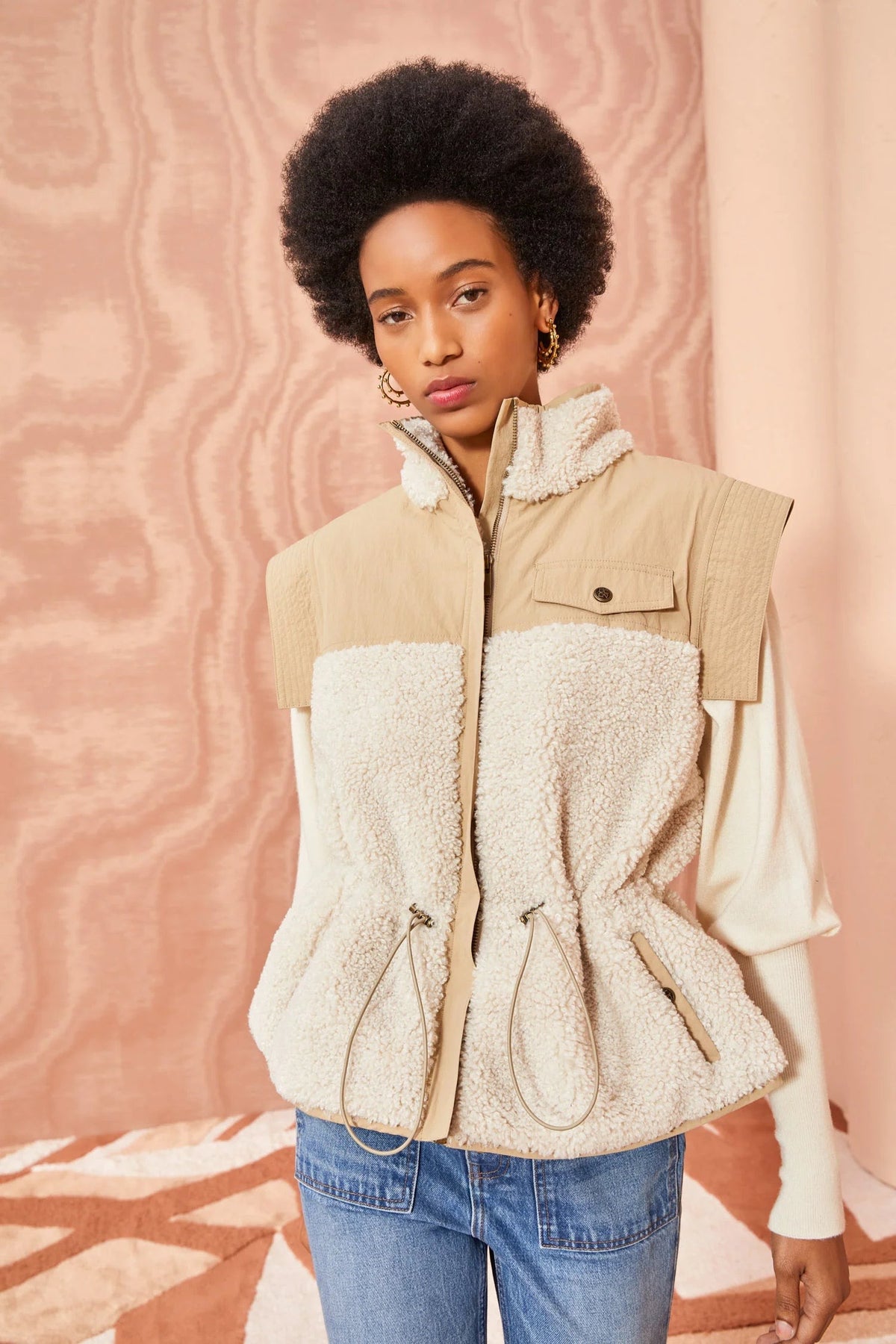 Jodifl Mixed Media Sherpa Vest in Tan and Cream | Size Small
