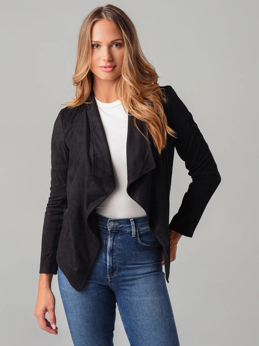 BB Dakota Black Faux Suede Draped Open Front Jacket | Size Large