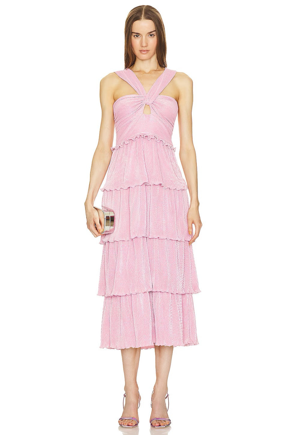 NWT Saylor Esperanza Bubblegum Pink Tiered Ruffle Metallic Dress | Size Large