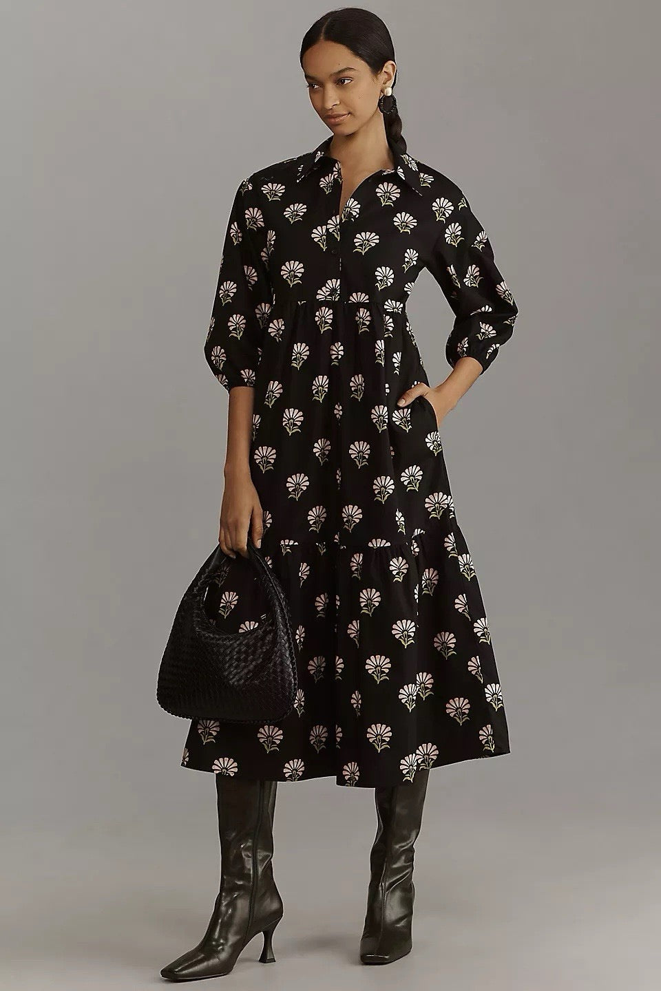 Maeve The Bettina Black Floral Tiered Cotton Shirt Dress | Size Small