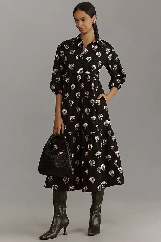 Maeve The Bettina Black Floral Tiered Cotton Shirt Dress | Size Small