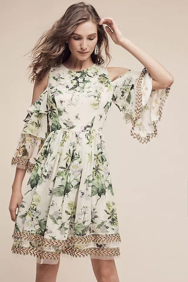 NWT Anthropologie Varun Bahl Petra Ruffled Open-Shoulder Dress | Size 8