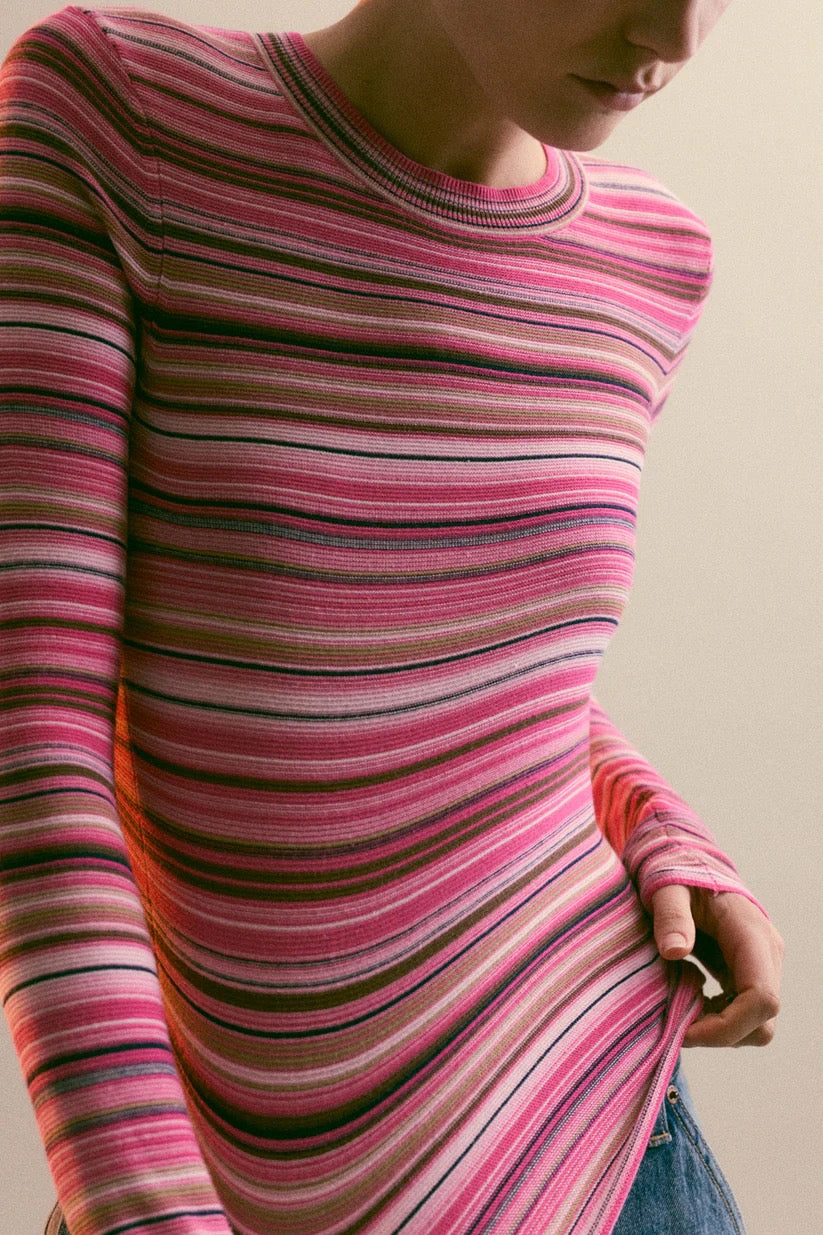 Pistola Madison Long Sleeve Crew Neck Sweater in Pink and Brown | Size Medium
