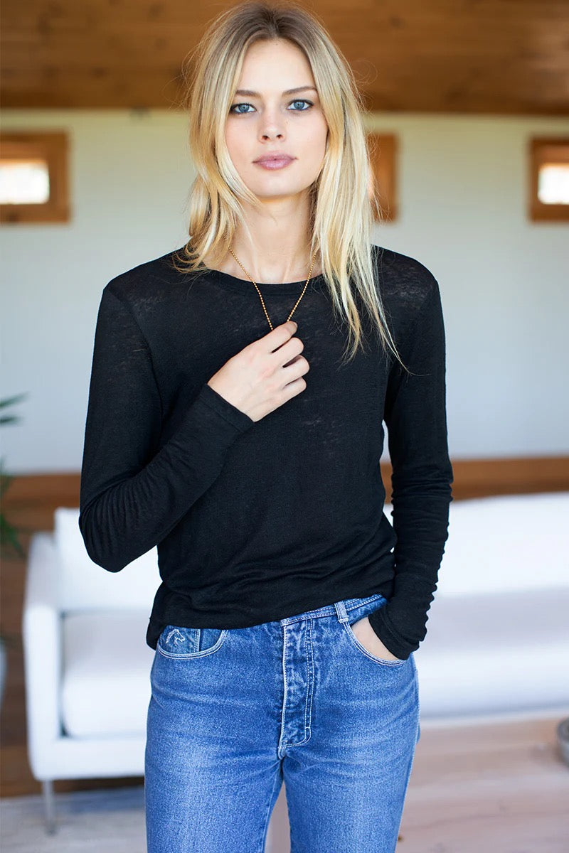 NWT Emerson Fry Linen Long Sleeve Crewneck Black T-Shirt | Size Large
