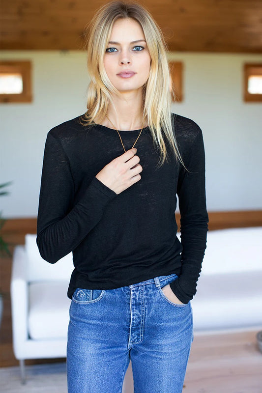 NWT Emerson Fry Linen Long Sleeve Crewneck Black T-Shirt | Size Large