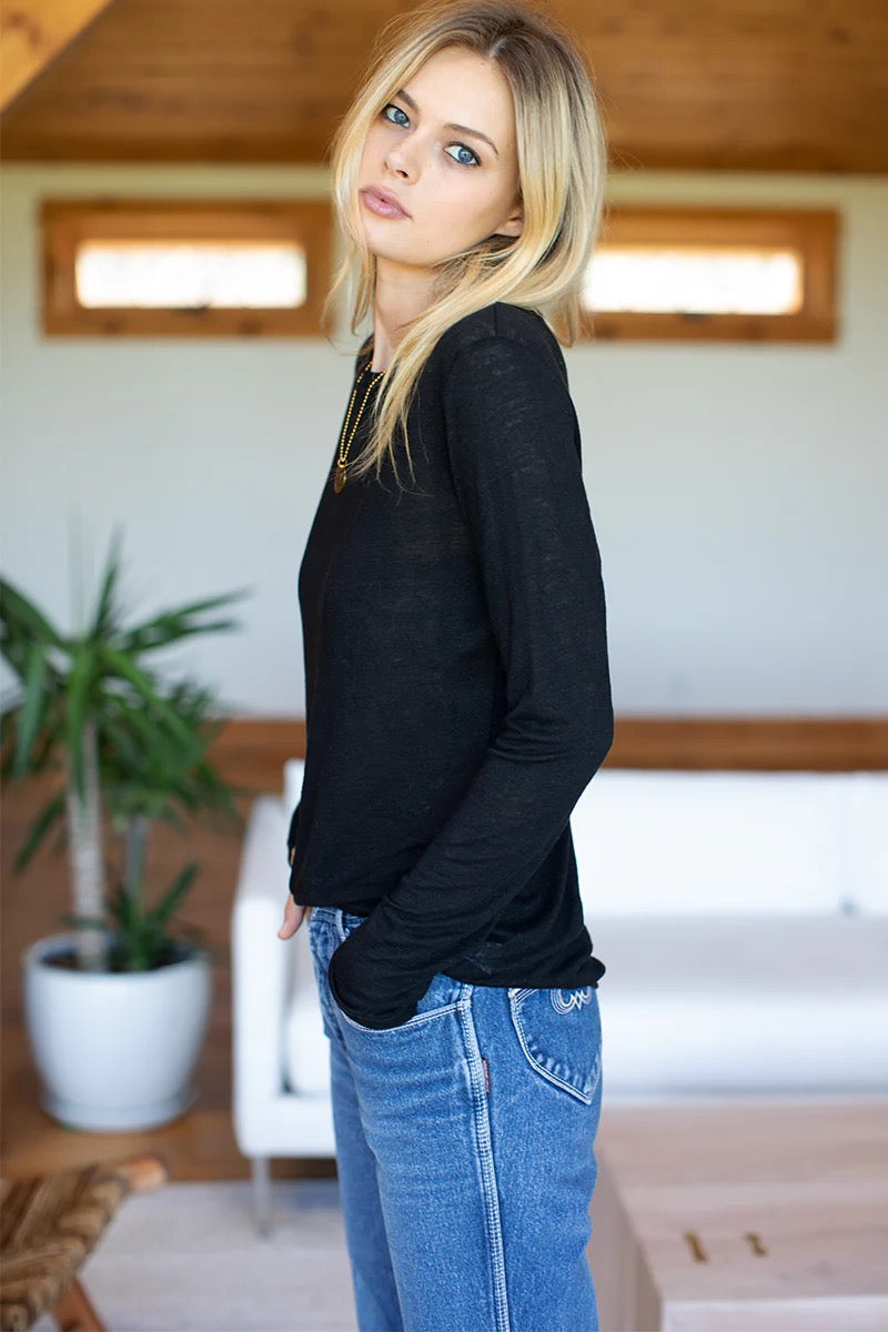 NWT Emerson Fry Linen Long Sleeve Crewneck Black T-Shirt | Size Large