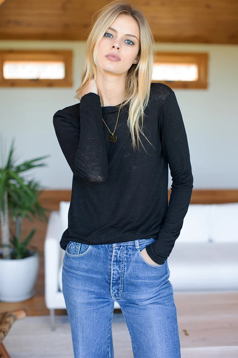 NWT Emerson Fry Linen Long Sleeve Crewneck Black T-Shirt | Size Large