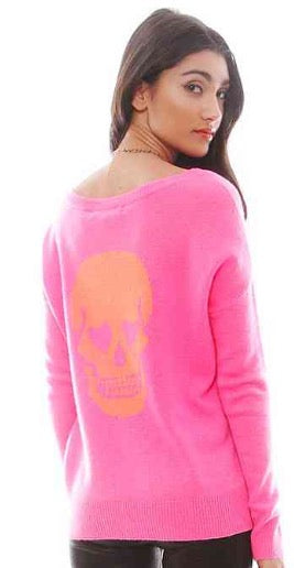 Skull Cashmere Pink and Orange Boatneck Sweater | Size Medium