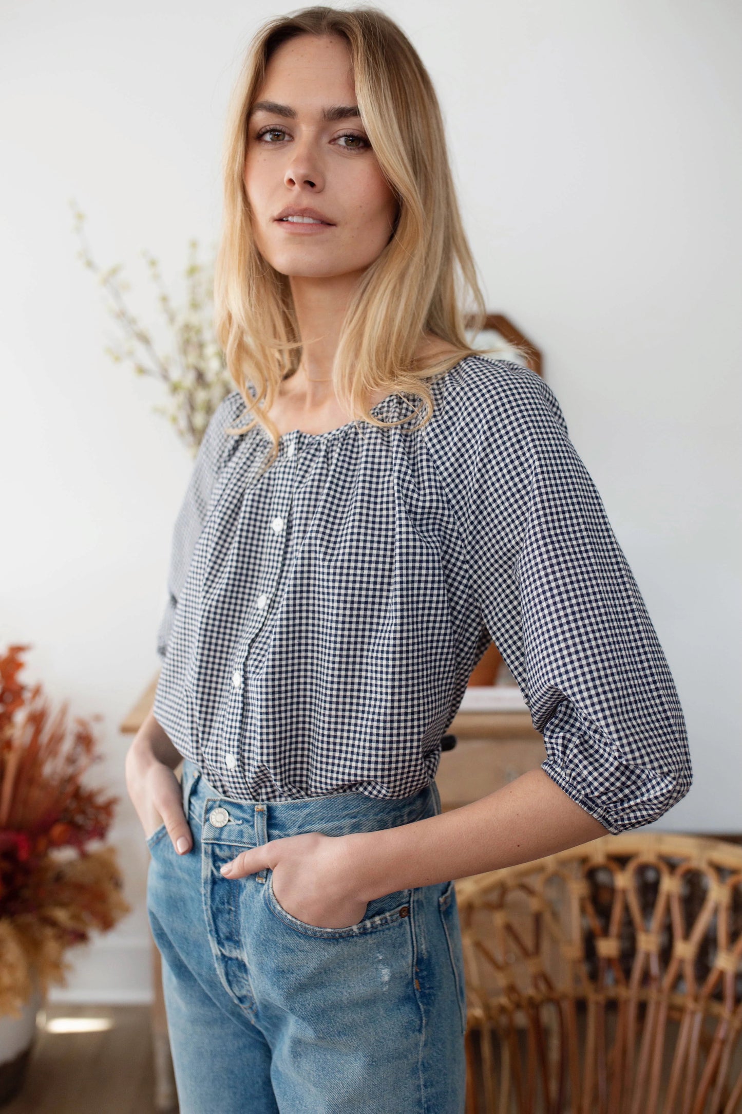 Marea Sophie Button Front Navy and White Cotton Gingham Top | Size Medium