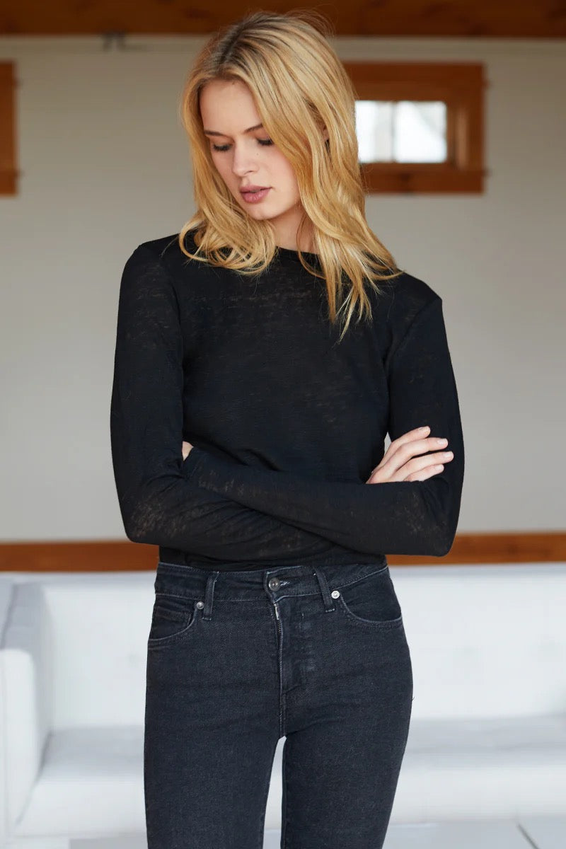 NWT Emerson Fry Linen Long Sleeve Crewneck Black T-Shirt | Size Large