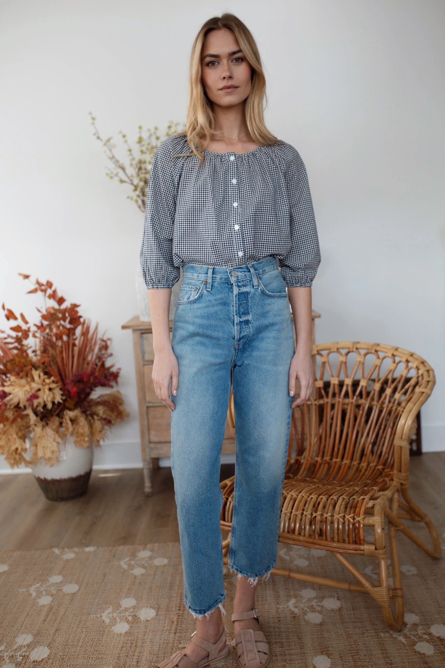 Marea Sophie Button Front Navy and White Cotton Gingham Top | Size Medium