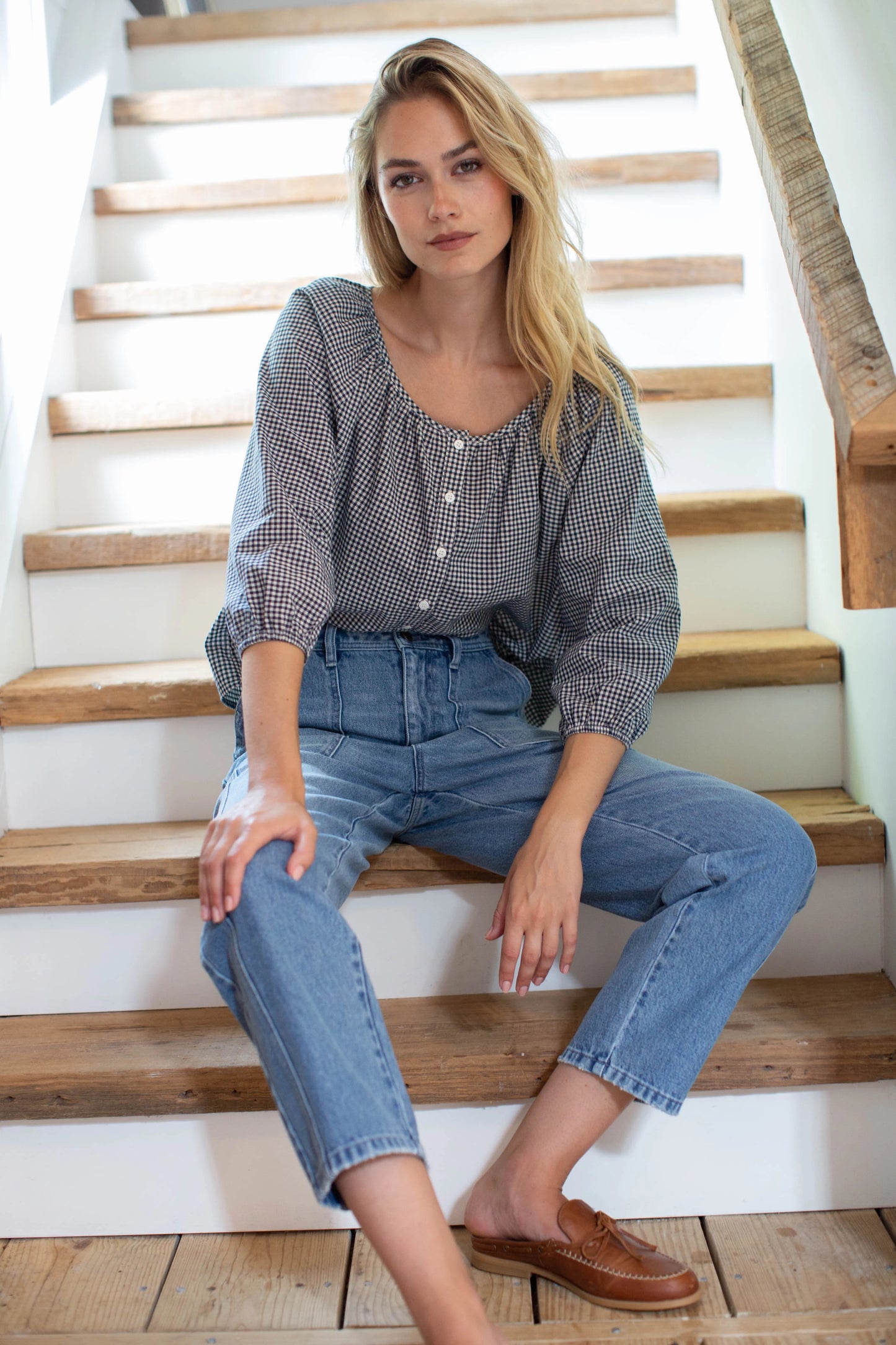 Marea Sophie Button Front Navy and White Cotton Gingham Top | Size Medium