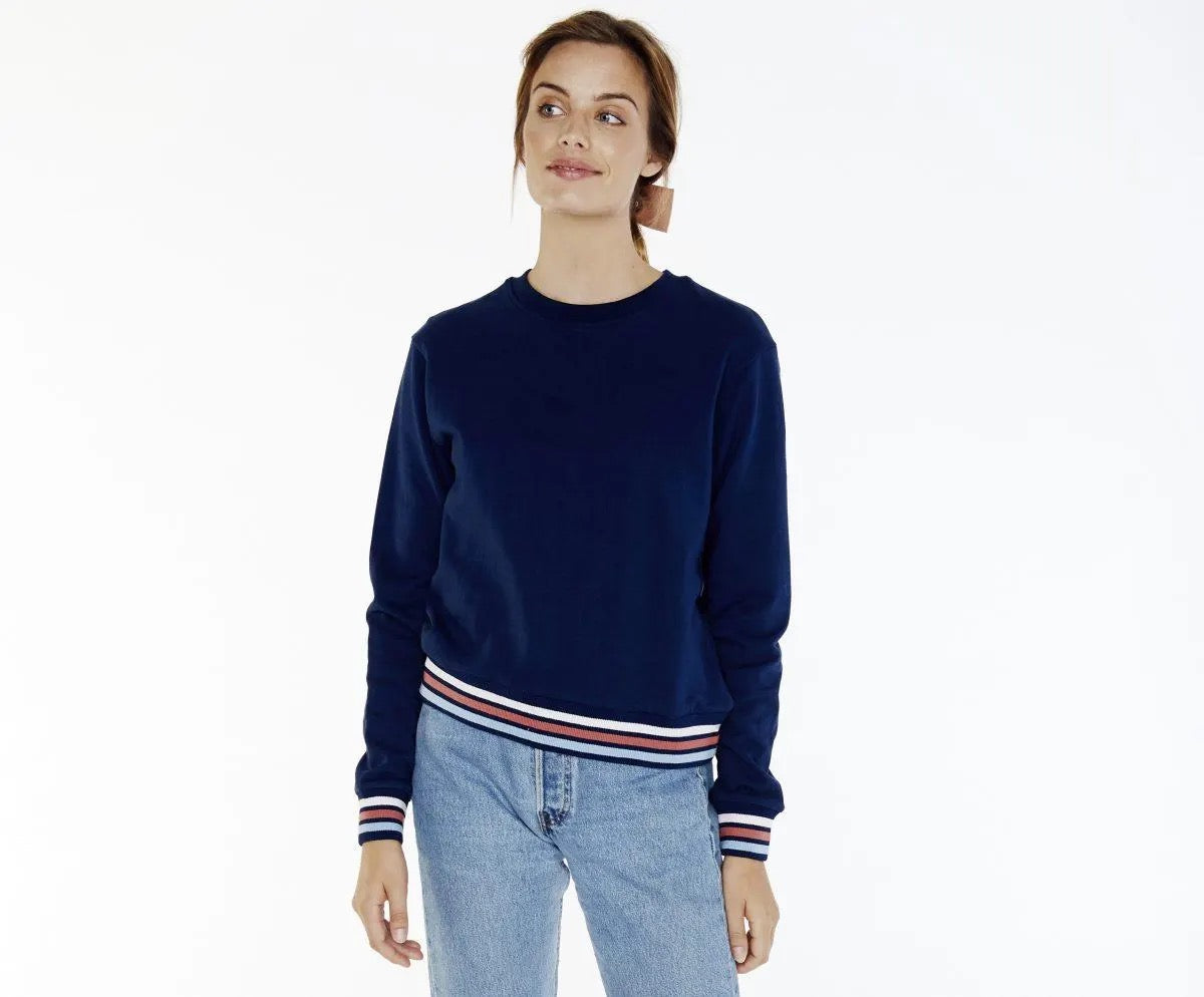 LAKE Navy Blue Striped Trim Cotton Fleece Sweatshirt | Size Small