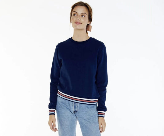 LAKE Navy Blue Striped Trim Cotton Fleece Sweatshirt | Size Small