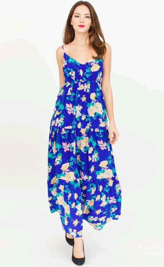 Yumi Kim Blue Floral Empire Waist Silk Dress | Size Medium