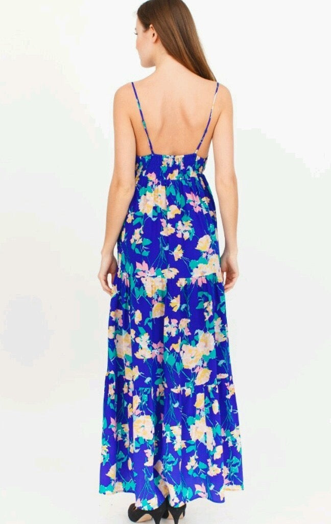 Yumi Kim Blue Floral Empire Waist Silk Dress | Size Medium