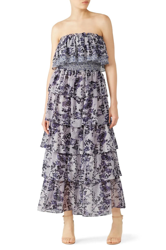 Misa Los Angeles Nadia Strapless Maxi Dress in Blue Floral Chiffon | Size Medium