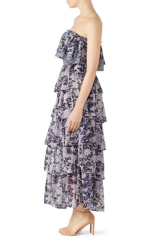 Misa Los Angeles Nadia Strapless Maxi Dress in Blue Floral Chiffon | Size Medium