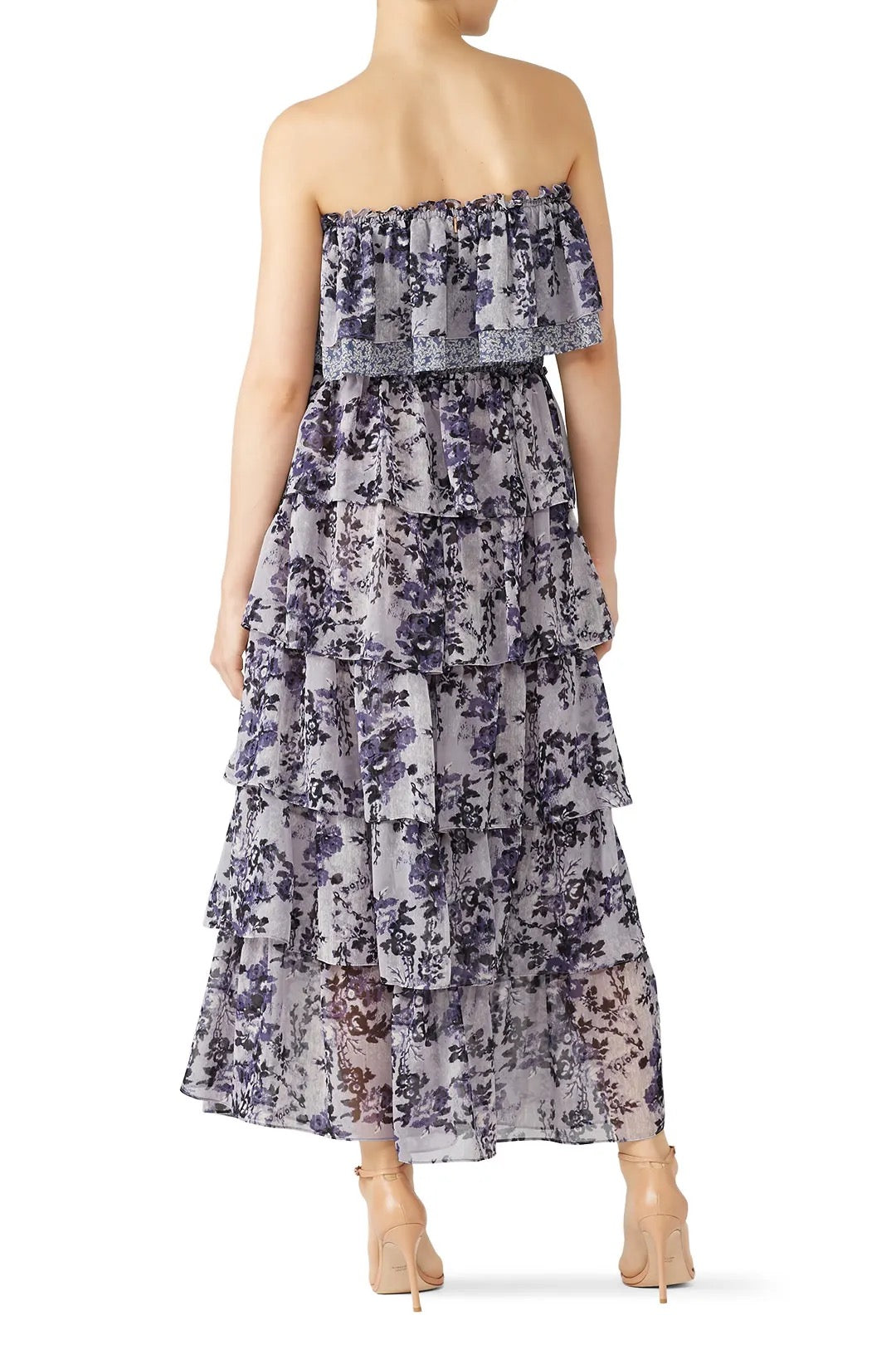 Misa Los Angeles Nadia Strapless Maxi Dress in Blue Floral Chiffon | Size Medium