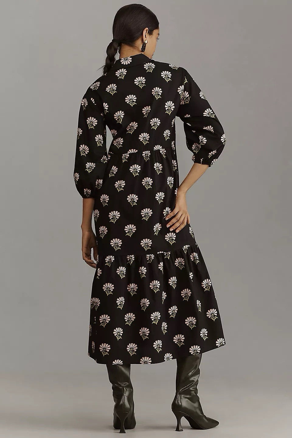 Maeve The Bettina Black Floral Tiered Cotton Shirt Dress | Size Small