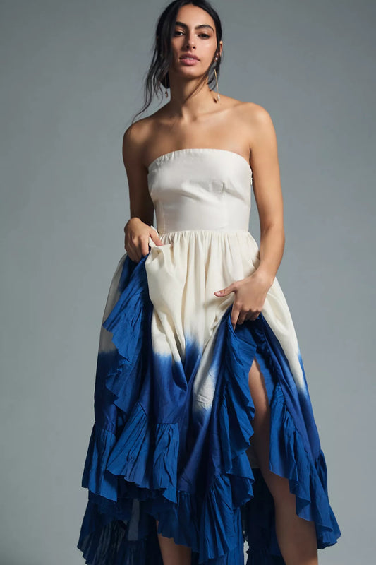 NWT Samant Chauhan Ombre Blue and Ivory Dipe Dye Strapless | Size Small