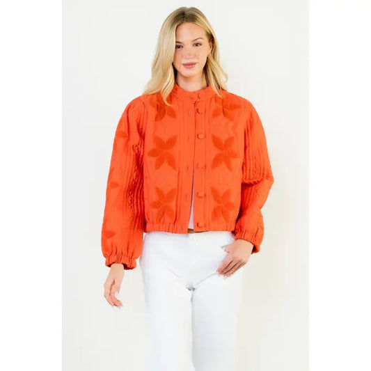 THML Orange Quilted Floral Applique Bomber Jacket | Size Large