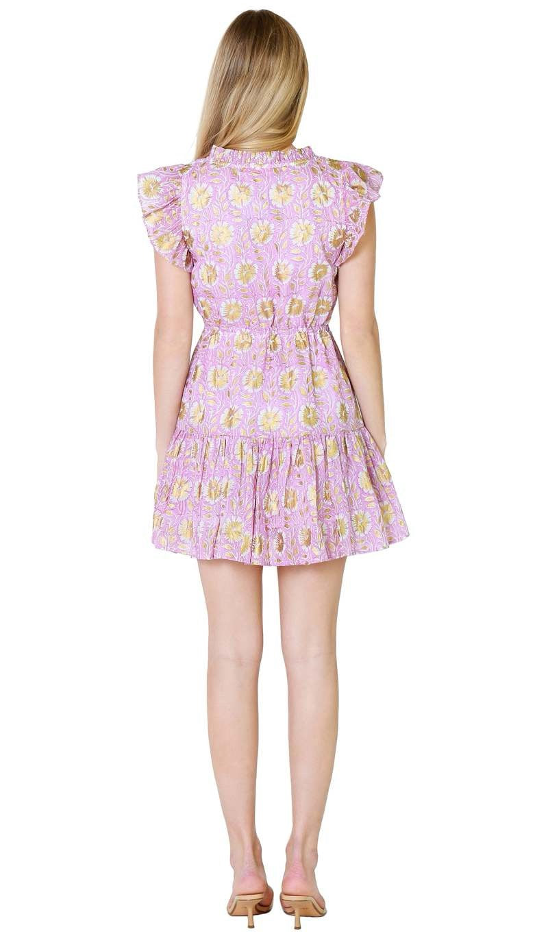 Oliphant Cinched Flirty Cotton Mini Dress in Lilac Gold Floral Block Print | Size Small