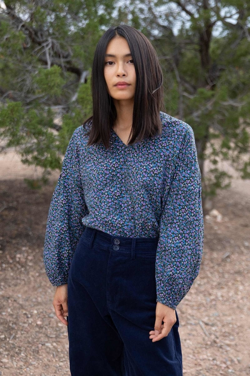 Apiece Apart Marit Shirred Blouse in Violet Floral Cotton | Size XS