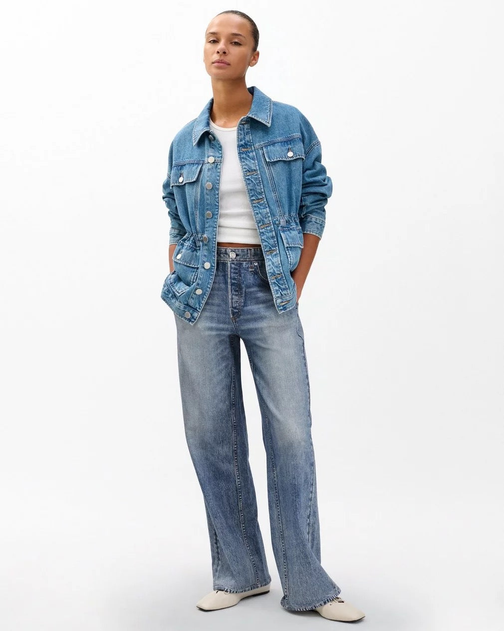 Rag & Bone Miramar Wide Leg Pull On Trompe L'oeil Faux Denim Terry Pants | Medium