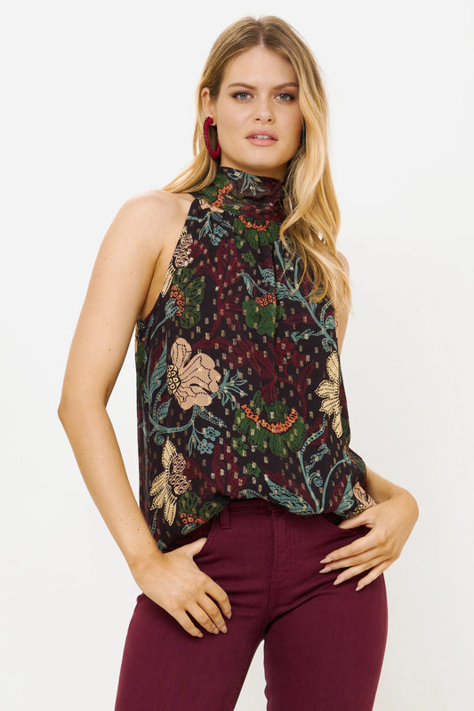 NWT Oliphant Sleeveless Tie Neck Top in Turin Wine | Size XS