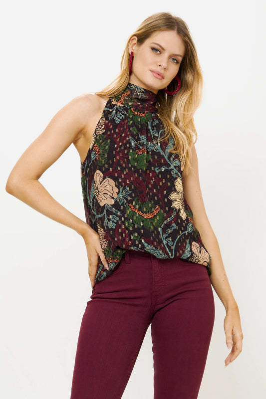 NWT Oliphant Sleeveless Tie Neck Top in Turin Wine | Size XS