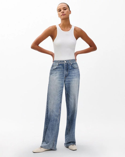 Rag & Bone Miramar Wide Leg Pull On Trompe L'oeil Faux Denim Terry Pants | Medium