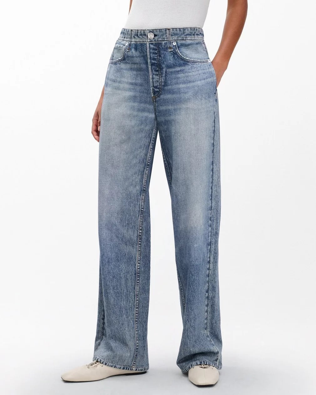 Rag & Bone Miramar Wide Leg Pull On Trompe L'oeil Faux Denim Terry Pants | Medium