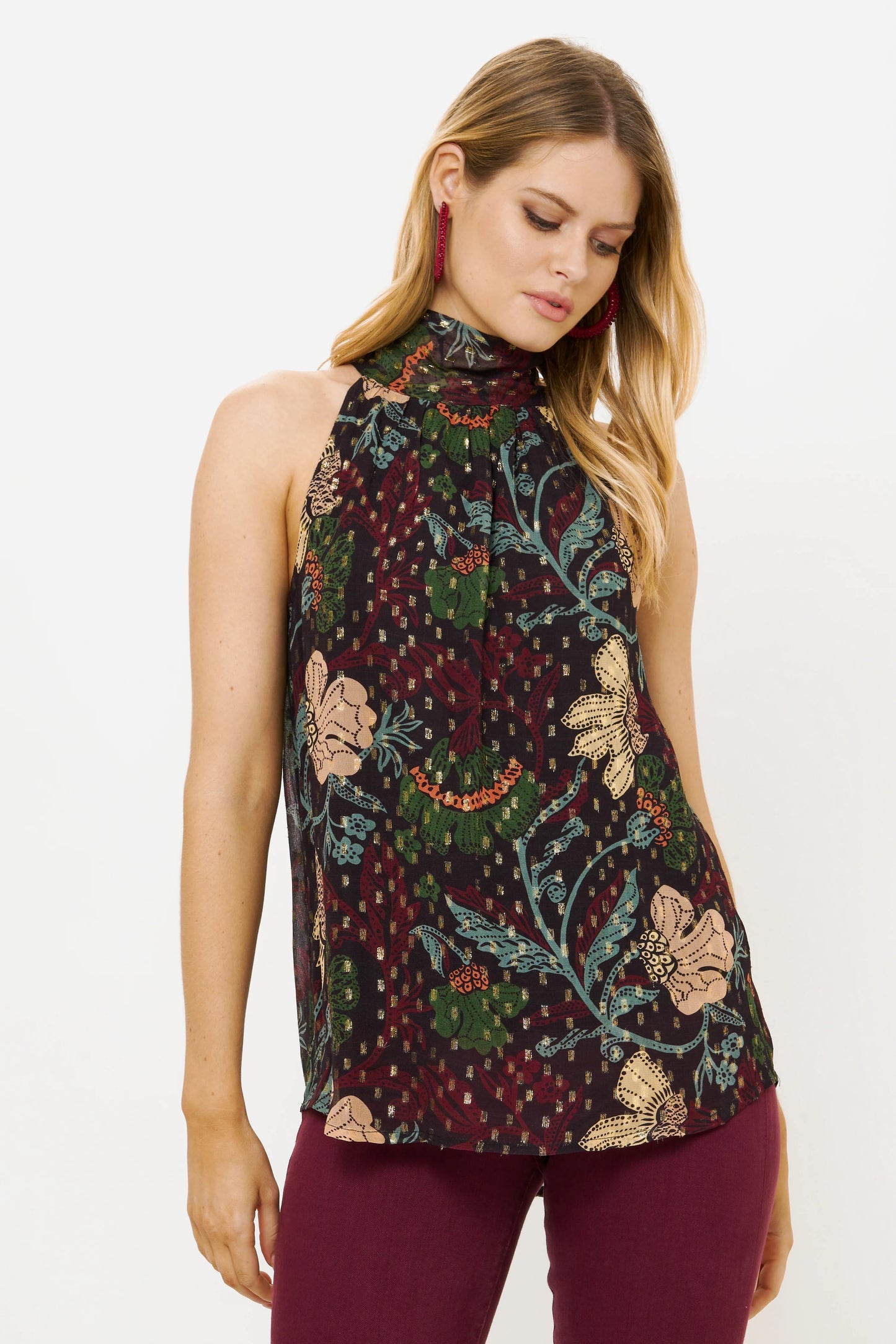 NWT Oliphant Sleeveless Tie Neck Top in Turin Wine | Size XS