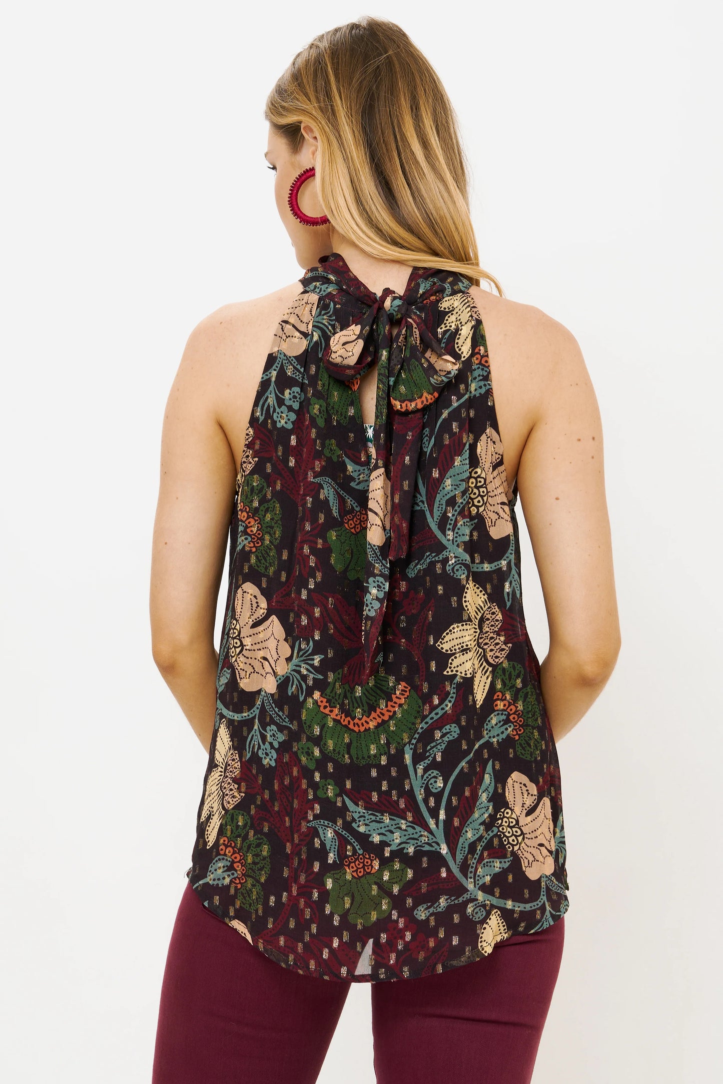 NWT Oliphant Sleeveless Tie Neck Top in Turin Wine | Size XS