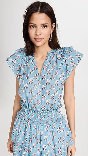 Marea Blue Floral Block Print Ruffle Cap Sleeve Cotton V-Neck Top | Size Medium
