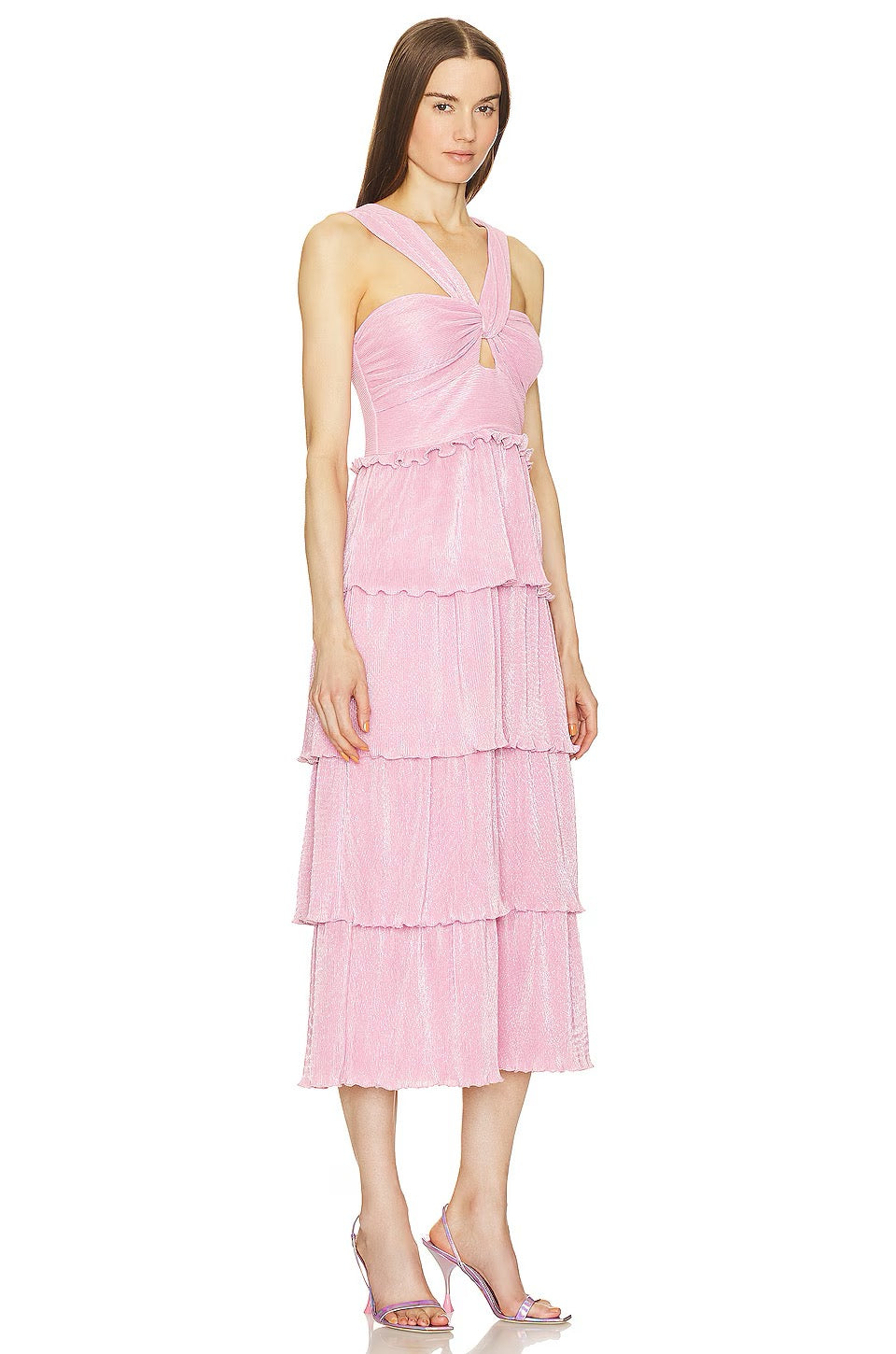 NWT Saylor Esperanza Bubblegum Pink Tiered Ruffle Metallic Dress | Size Large